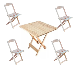 Jogo de Madeira Crua (1 Mesa Quadrada + 4 Cadeiras)
